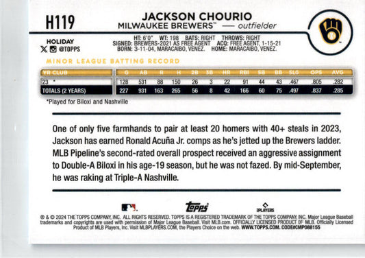 2024 Topps Holliday Elf Hat #H119 Jackson Chourio Milwaukee Brewers