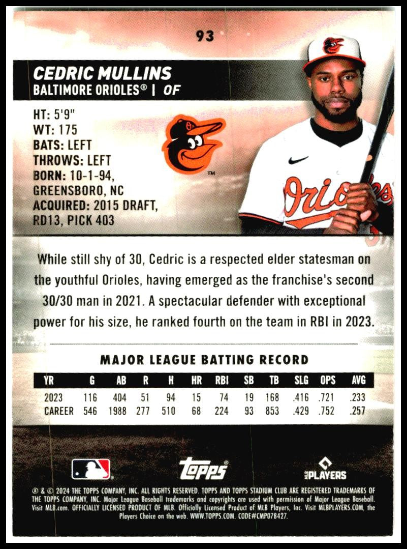2024 Stadium Club #93 Cedric Mullins Baltimore Orioles