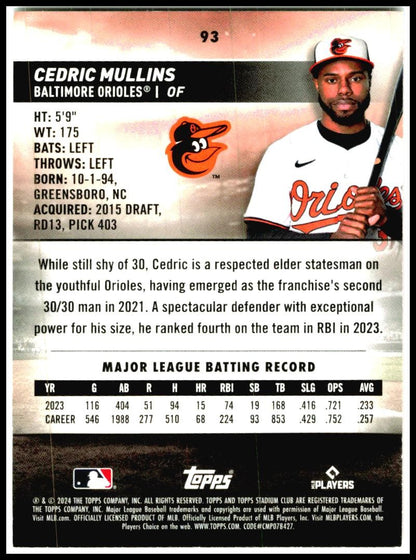 2024 Stadium Club #93 Cedric Mullins Baltimore Orioles