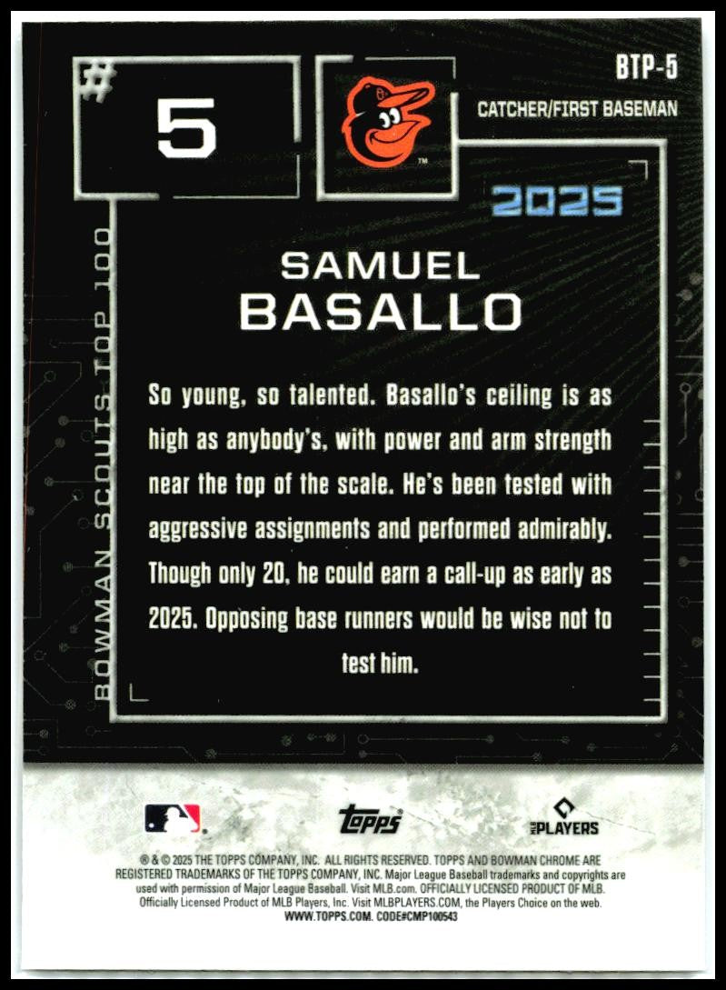 2025 Bowman Bowman Scouts Top 100 #BTP-5 Samuel Basallo Baltimore Orioles
