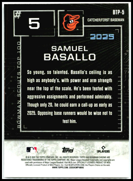2025 Bowman Bowman Scouts Top 100 #BTP-5 Samuel Basallo Baltimore Orioles