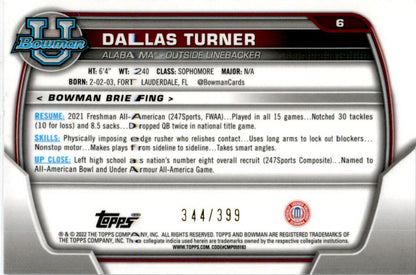 2022 Bowman Chrome University Purple Mini-Diamond Refractor6  Dallas Turner /399