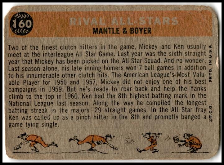 1960 Topps #160 Rival All Stars (Mickey Mantle / Ken Boyer)