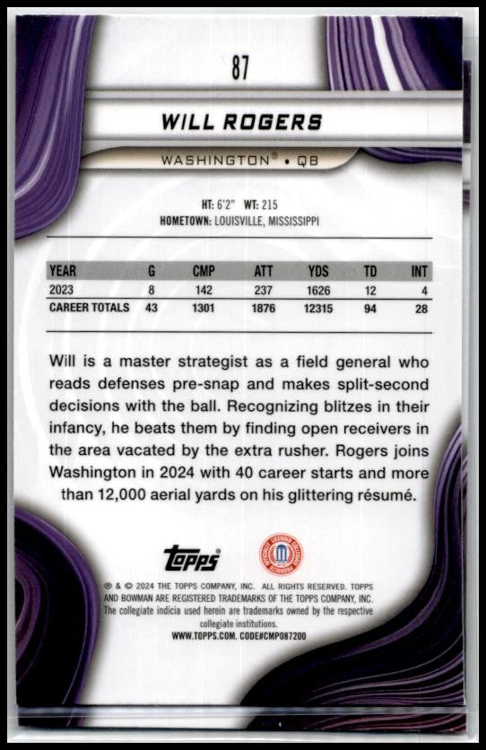 2024 Bowman University Best #87 Will Rogers Washington Huskies
