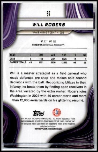 2024 Bowman University Best #87 Will Rogers Washington Huskies