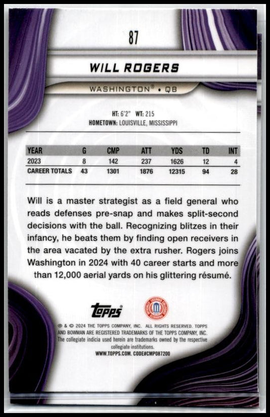 2024 Bowman University Best #87 Will Rogers Washington Huskies