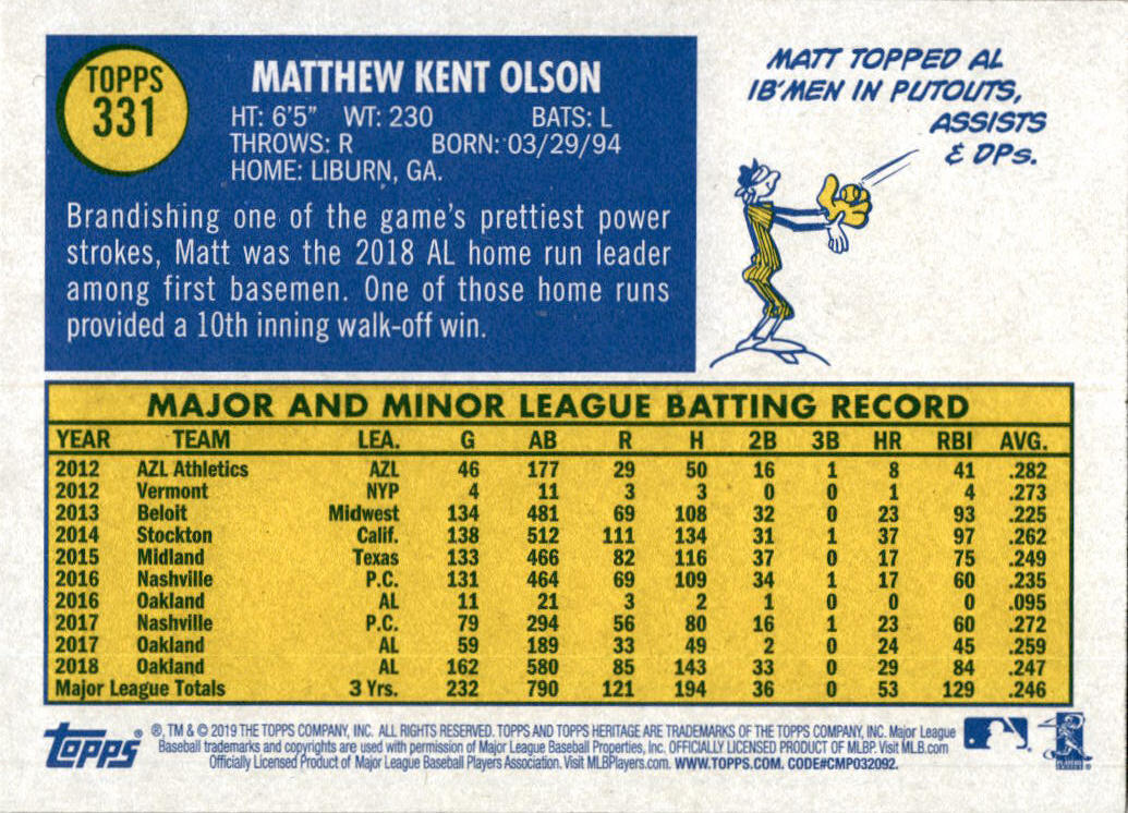 2019 Topps Heritage #331 Matt Olson Oakland Athletics