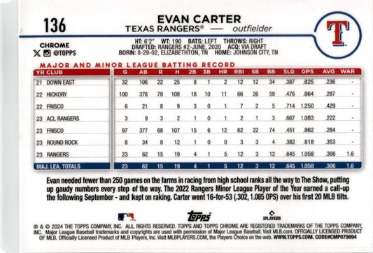 2024 Topps Chrome Sepia Refractor #136 Evan Carter Rookie Texas Rangers