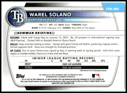 2025 Bowman Chrome Bowman Chrome Prospects Auto #CPA-WS Warel Solano Auto Rays