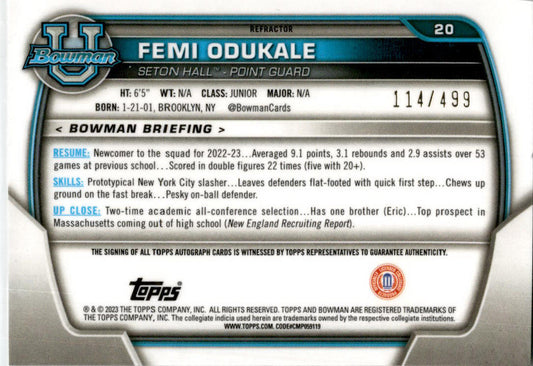 2022-23 Bowman University Chrome Auto Refractor #20 Femi Odukale Auto /499