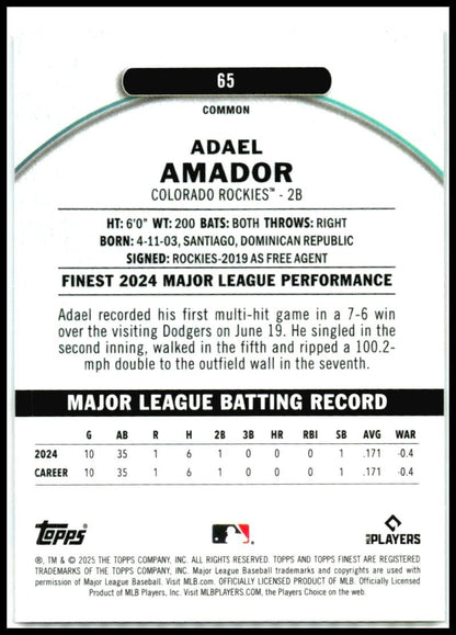 2025 Topps Finest #65 Adael Amdor Rookie Rockies