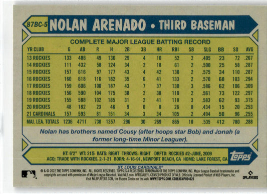 2022 Topps Chrome 1987 Topps 35th Anniversary #87BC-5 Nolan Arenado Cardinals