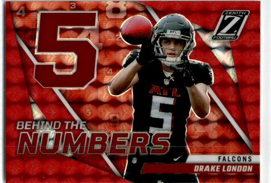2023 zenith Behind the Numbers Red Prism #BN-DL Drake London Falcons