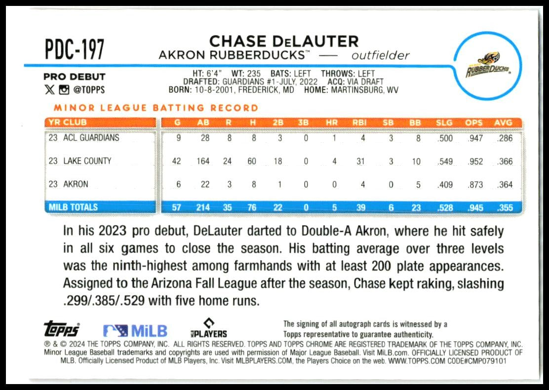2024 Topps Pro Debut #PDC-197 Chase DeLauter Chrome Orange Lava Refractor #/25