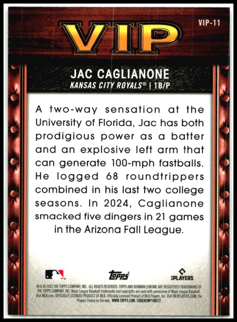2025 Bowman Very Important Prospects #VIP-11 Jac Caglianone Kansas City Royals