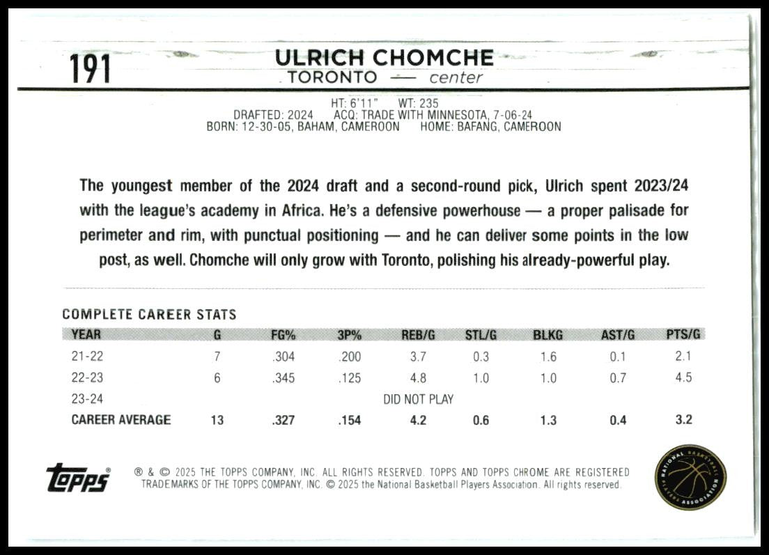 2024-25 Topps Chrome #191 Ulrich Chomche Rookie Toronto Raptors