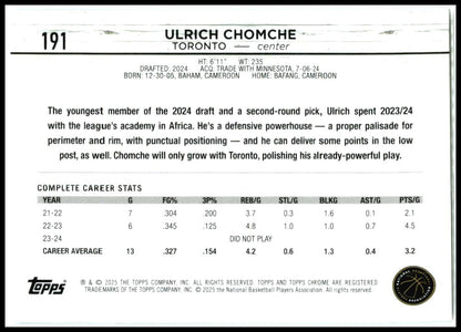 2024-25 Topps Chrome #191 Ulrich Chomche Rookie Toronto Raptors