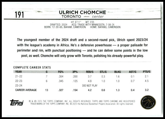 2024-25 Topps Chrome #191 Ulrich Chomche Rookie Toronto Raptors