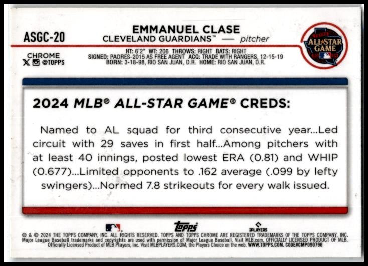 2024 Topps Chrome Update #ASGC-20 Emmanuel Clase Cleveland Guardians