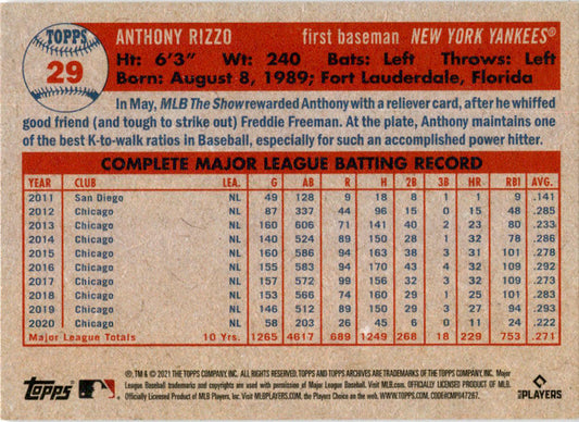 2021 Topps Archives #29 Anthony Rizzo New York Yankees