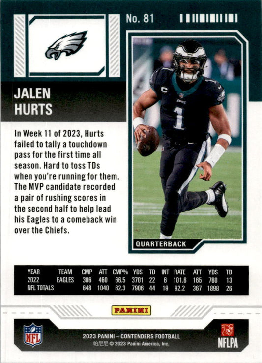 2023 Panini Contenders Game Ticket Red #81 Jalen Hurts Philadelphia Eagles