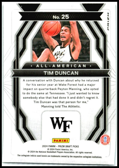 2024 Panini Prizm Draft Picks All-American Prizms Green #25 Tim Duncan Spurs