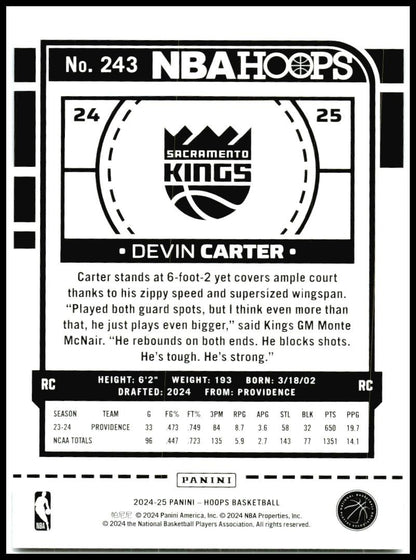 2024-25 Hoops Winter #243 Devin Carter Rookie Sacramento Kings