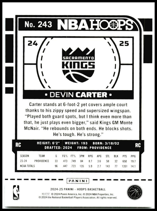 2024-25 Hoops Winter #243 Devin Carter Rookie Sacramento Kings