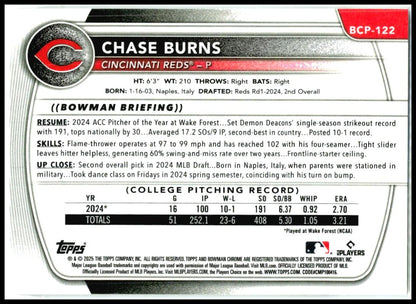 2025 Bowman #BCP-122 Chase Burns Cincinnati Reds