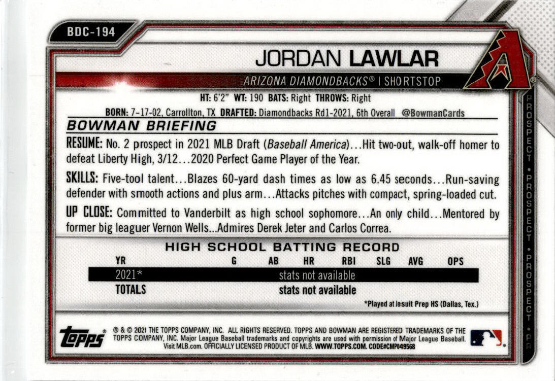 2021 Bowman Draft #BDC-194 Jordan Lawlar Arizona Diamondbacks