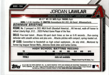 2021 Bowman Draft #BDC-194 Jordan Lawlar Arizona Diamondbacks