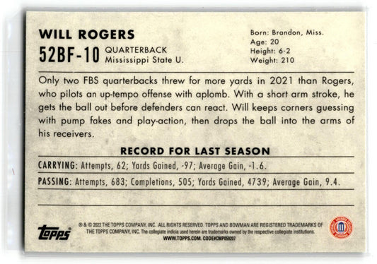 2022 Bowman University Chrome #52BF-10 Will Rogers Mississippi State Bulldogs
