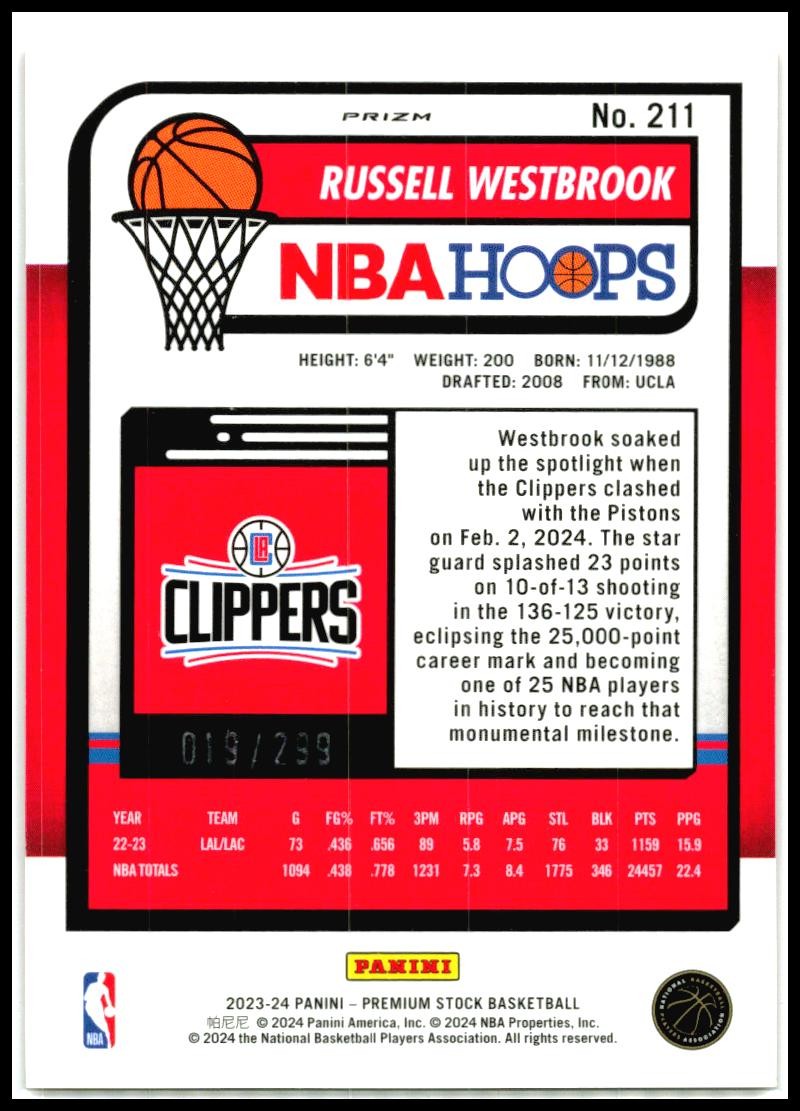 2023-24 Hoops Premium Stock Orange Prizm – /299 #211 Russell Westbrook