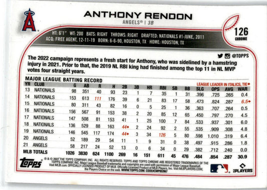 2022 Topps Chrome Sepia Refractor #126 Anthony Rendon Los Angeles Angels