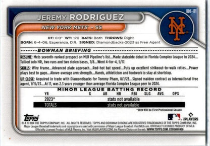 2024 Bowman Draft Chrome Auqa Refractor #BDC-171 Jeremy Rodriguez New York Mets