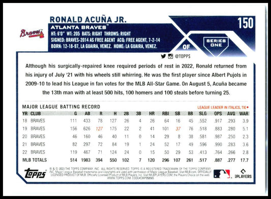 2023 Topps #150 Ronald Acuña Jr. Atlanta Braves