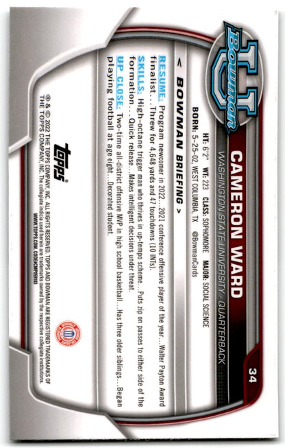 2022 Bowman University Chrome Cameron Ward Washington State Cougars #34