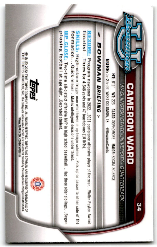 2022 Bowman University Chrome Cameron Ward Washington State Cougars #34