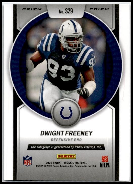 2023 Panini Mosaic Scripts No Huddle Blue #S29 Dwight Freeney Auto Colts
