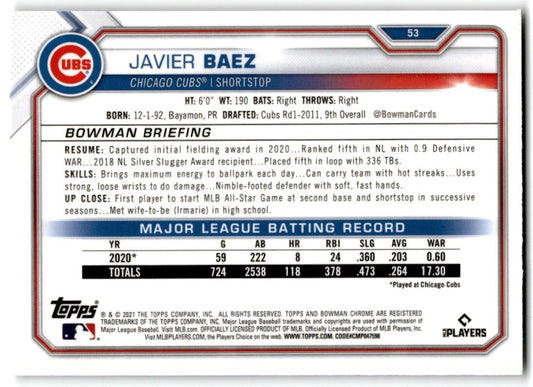 2021 Bowman Chrome Javier Baez Chicago Cubs #53