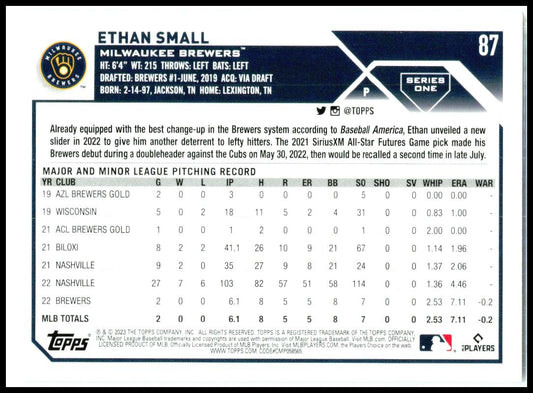 2023 Topps #87 Ethan Small RC Milwaukee Brewers