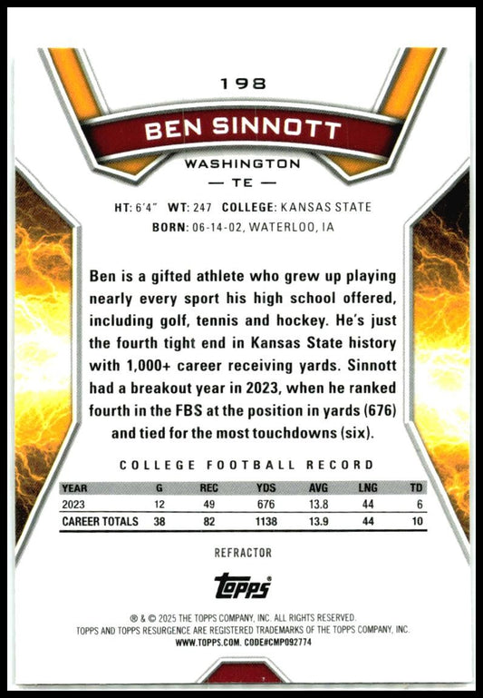 2024 Topps Resurgence Refractor #198 Ben Sinnott Rookie Washington Commanders