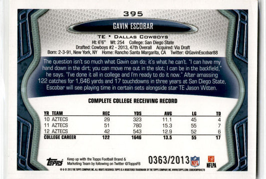 2013 Topps Gold #395 Gavin Escobar Dallas Cowboys
