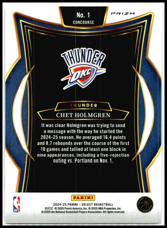 2024-25 Panini Select Orange Flash Prizm #1 Chet Holmgren Oklahoma City Thunder