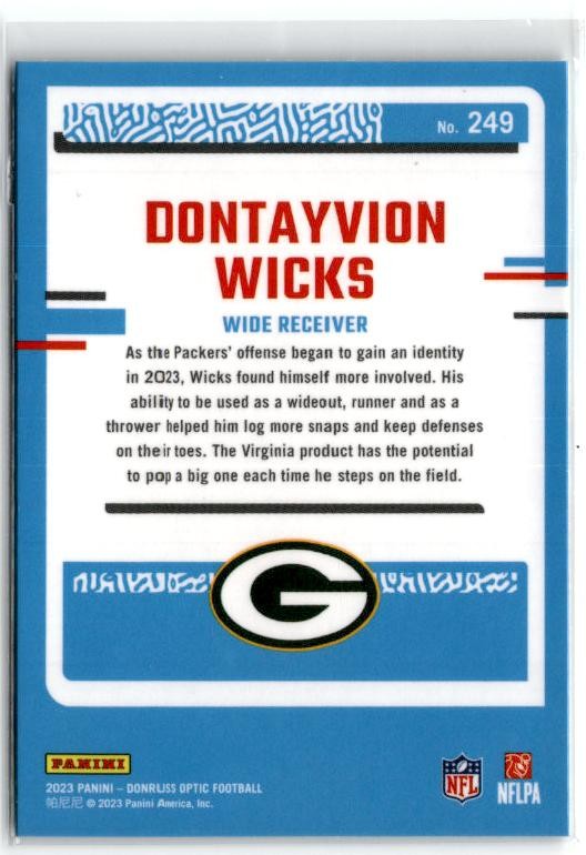 2023 Donruss Optic #249 Dontayvion Wicks Rookie Green Bay Packers