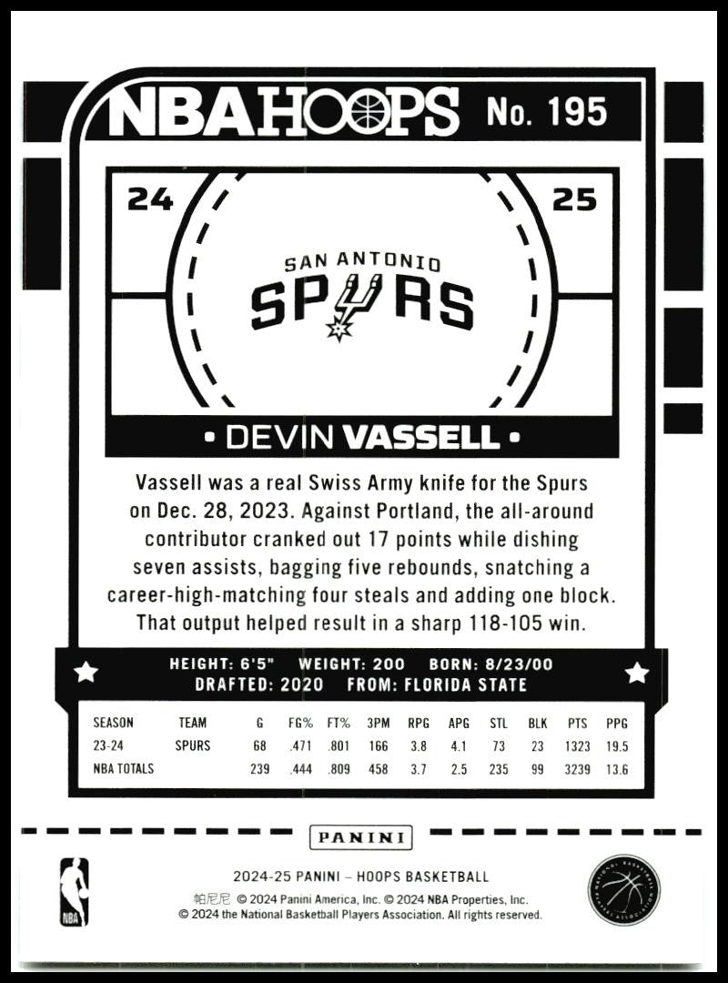 2024-25 Hoops #195 Devin Vassell San Antonio Spurs
