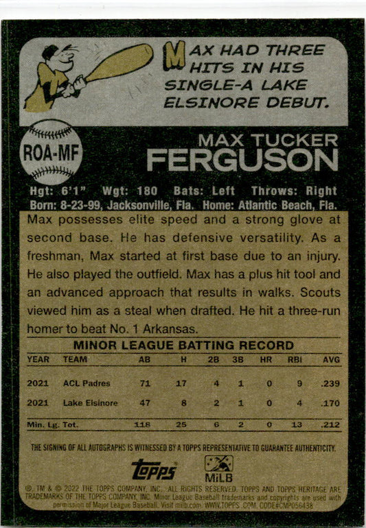 2022 Topps Heritage Minor League #ROA-MF Max Ferguson Real One Autographs