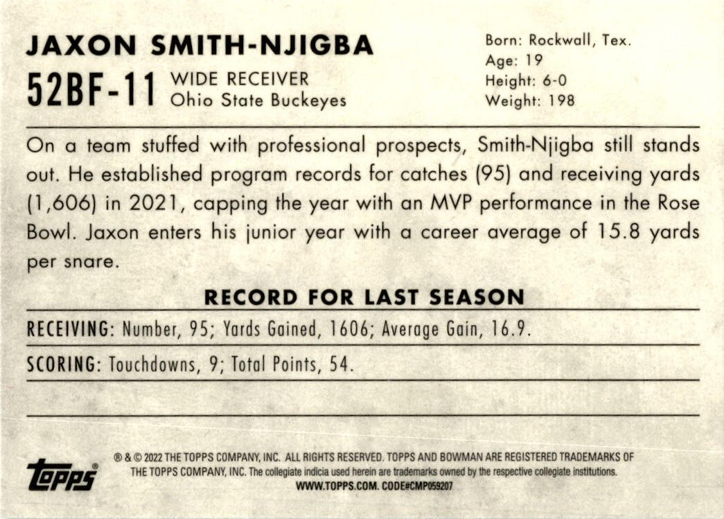 2022 Bowman University Chrome 1952 Bowman #52BF-11 Jaxon Smith-Njigba Ohio State