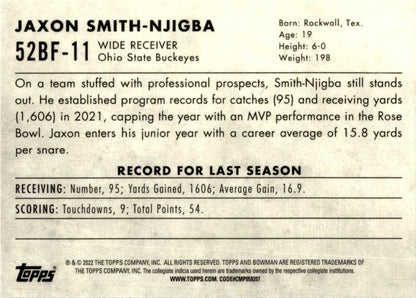 2022 Bowman University Chrome 1952 Bowman #52BF-11 Jaxon Smith-Njigba Ohio State