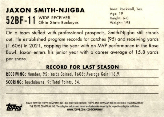 2022 Bowman University Chrome 1952 Bowman #52BF-11 Jaxon Smith-Njigba Ohio State